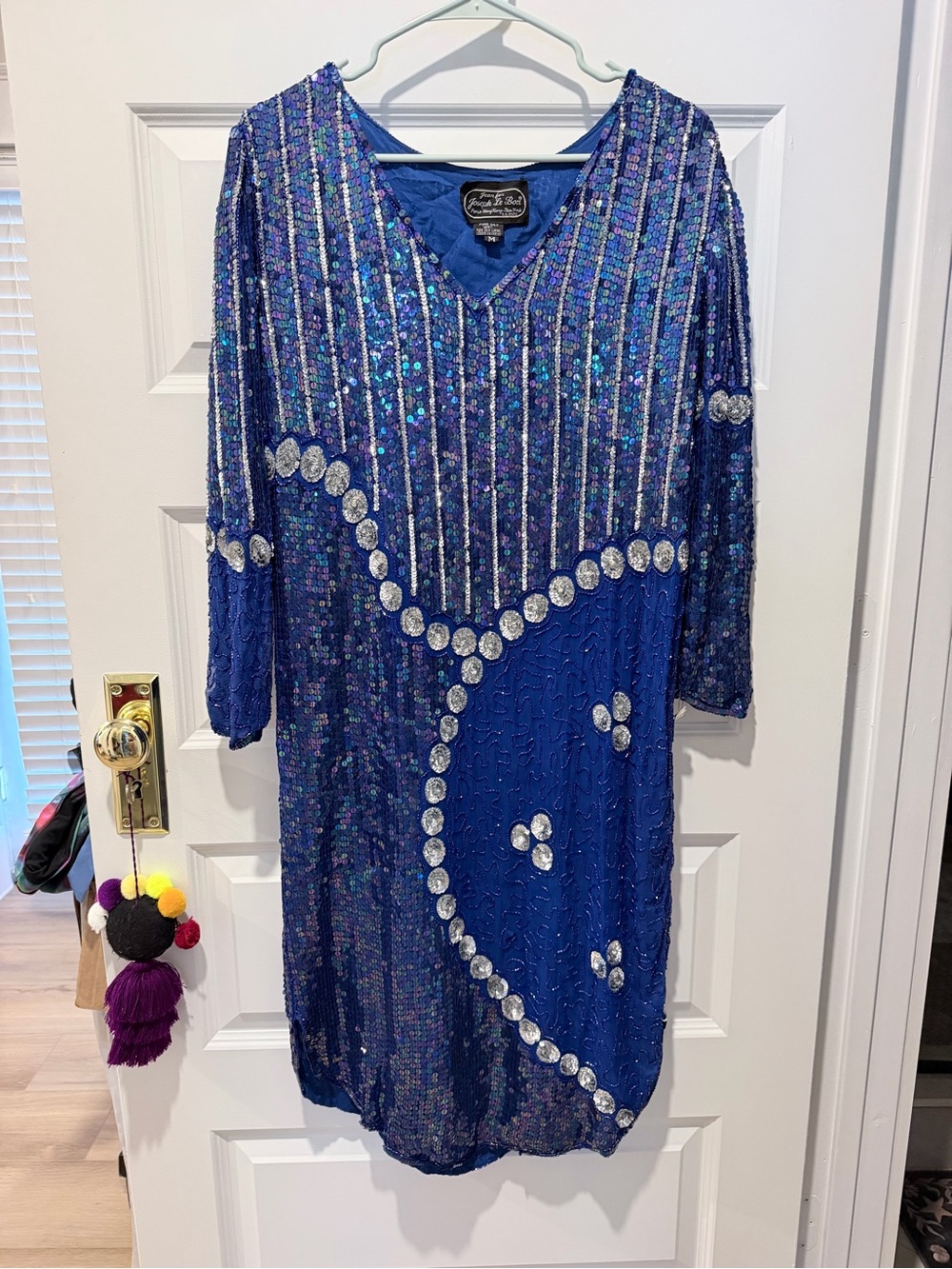 vintage 1980s royal blue & silver sequin art deco-style 100% silk dress